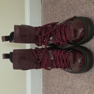 Moncler Berenice Patent Leather Hiker Combat Boots In Burgundy Size 37